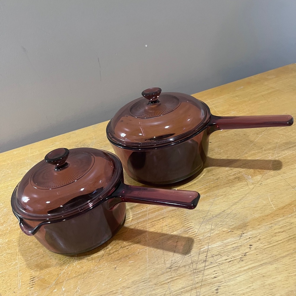 Vtg Corning Visions Cranberry Glass Saucepan Set 1L 1.5L Covered Pots USA 90s